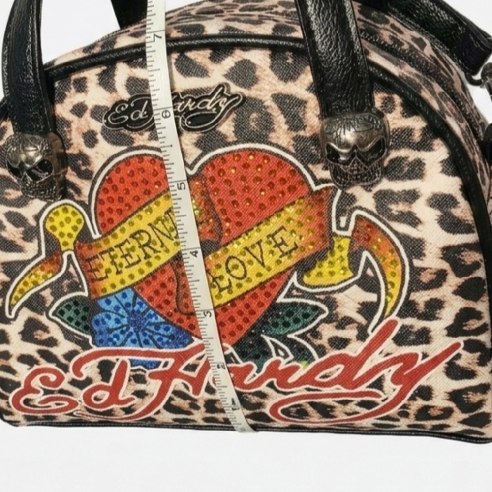 Ed Hardy Tattoo Cheetah Print Handbag Eternal Love Bag Vegan Material Skulls NWT - Picture 14 of 15